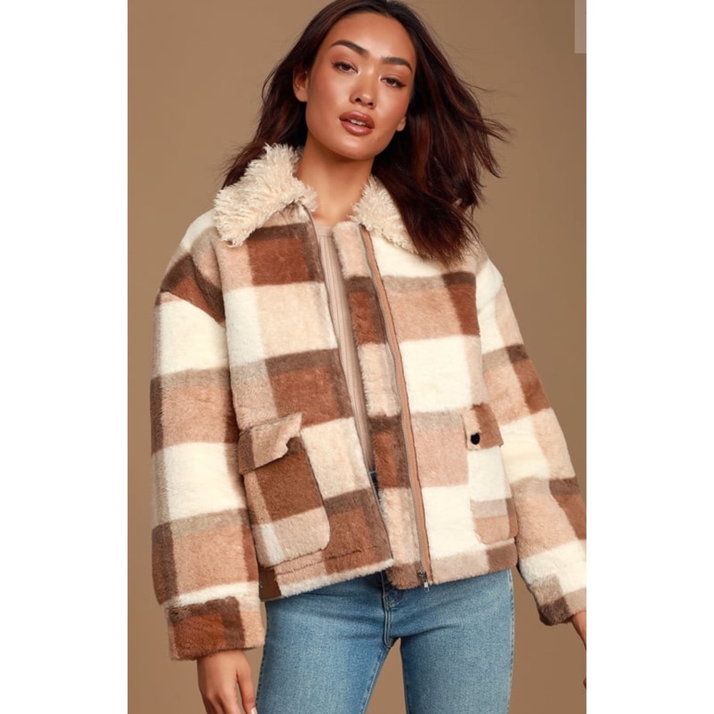 Fur-ever Friend Cream and Brown Plaid Jacket